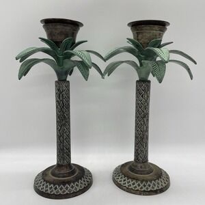 Vintage Brass Palm Tree Candle Stick Holders‎ 13" Made In India MCM Solid Heavy